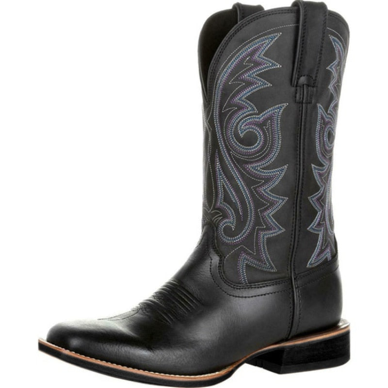 Men Leather Cowboy Boots Embroidered Women Slip on Embroidery  Western Boot Unisex Classic Vintage Knight Boots  Footwear