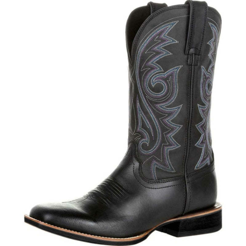 Men Leather Cowboy Boots Embroidered Women Slip on Embroidery Western Boot Unisex Classic Vintage Knight Boots Footwear