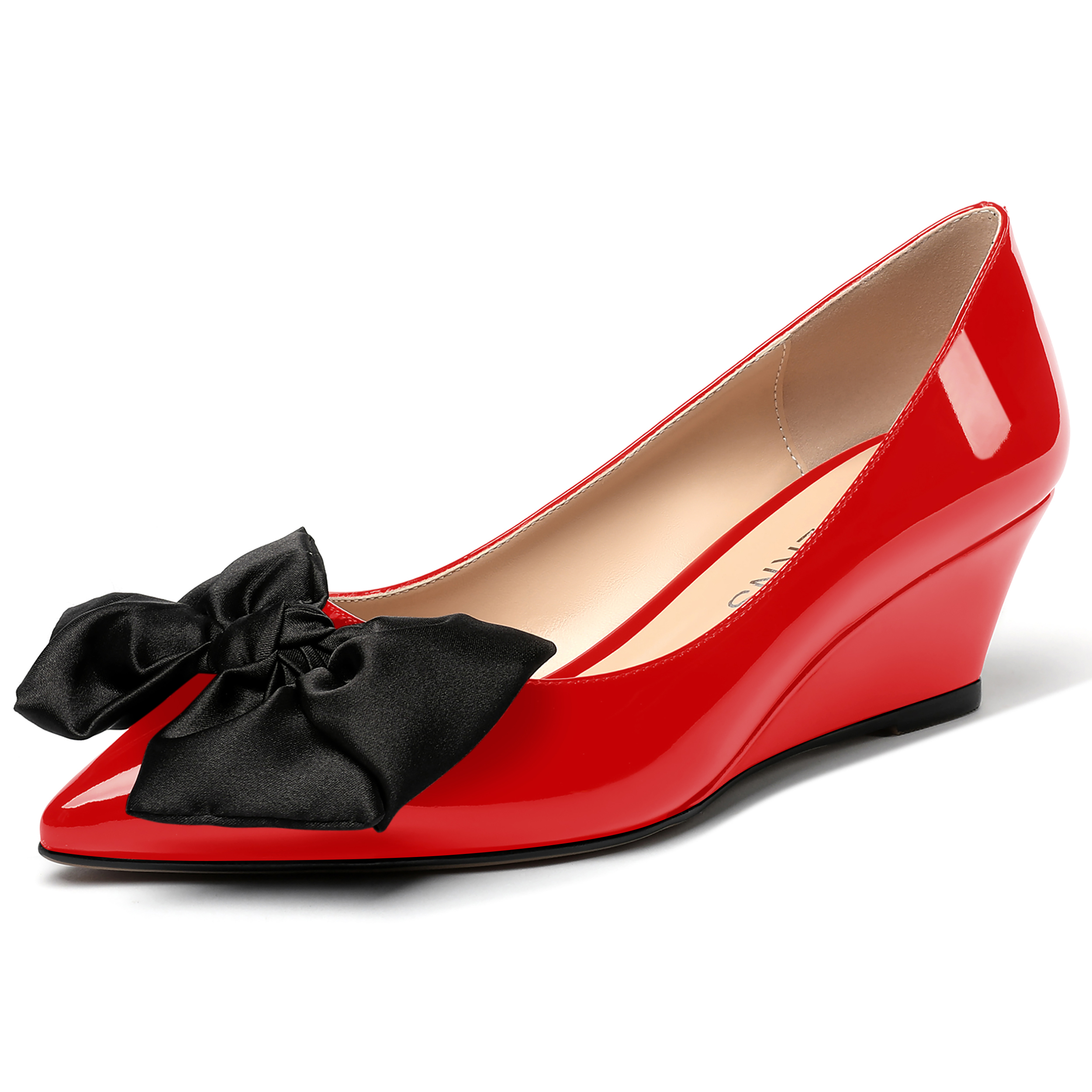 Anna Pointed Toe Slip On Wedge Pumps with Bow Accessory