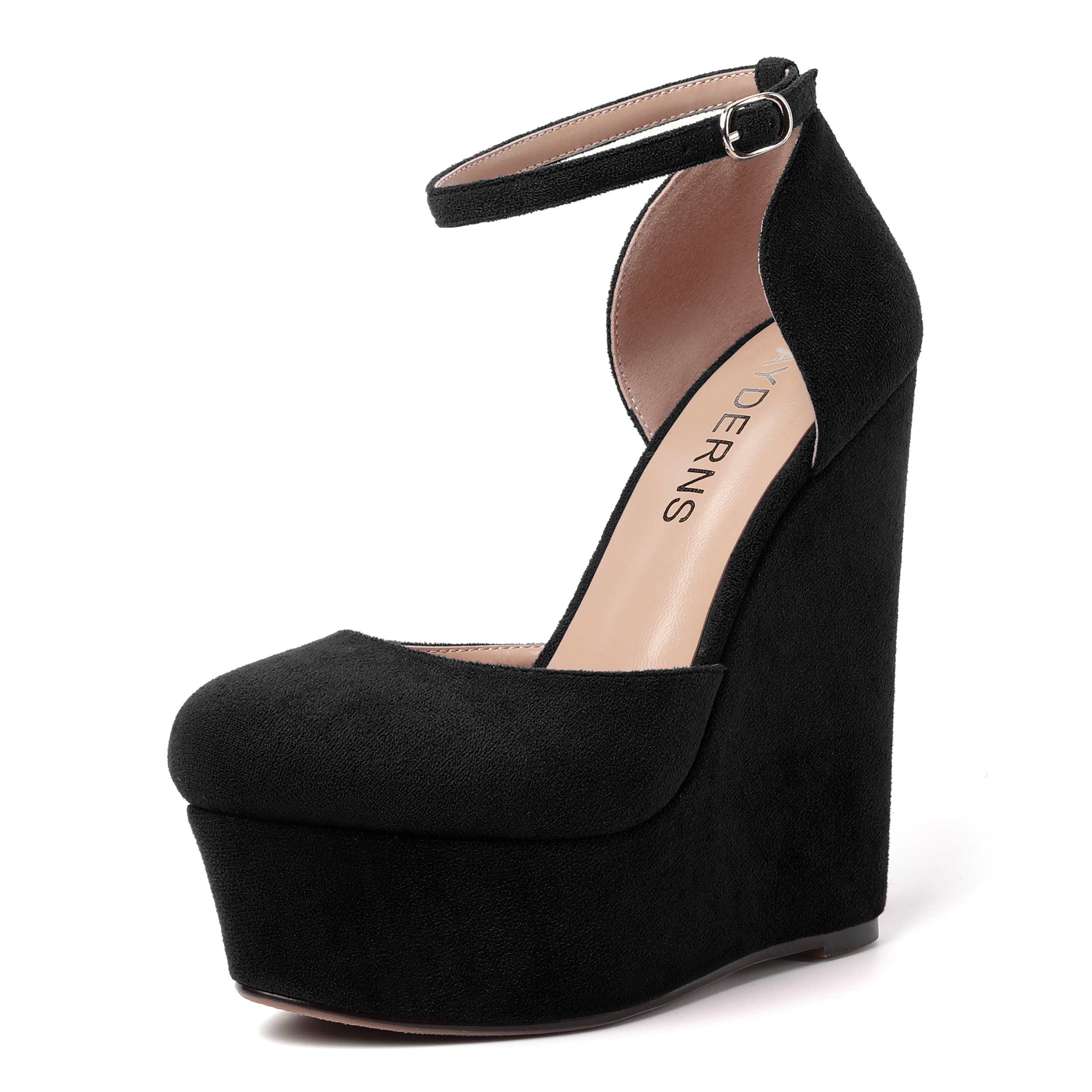 Kayleigh Round Toe Buckle Ankle Strap Suede Pumps Heels