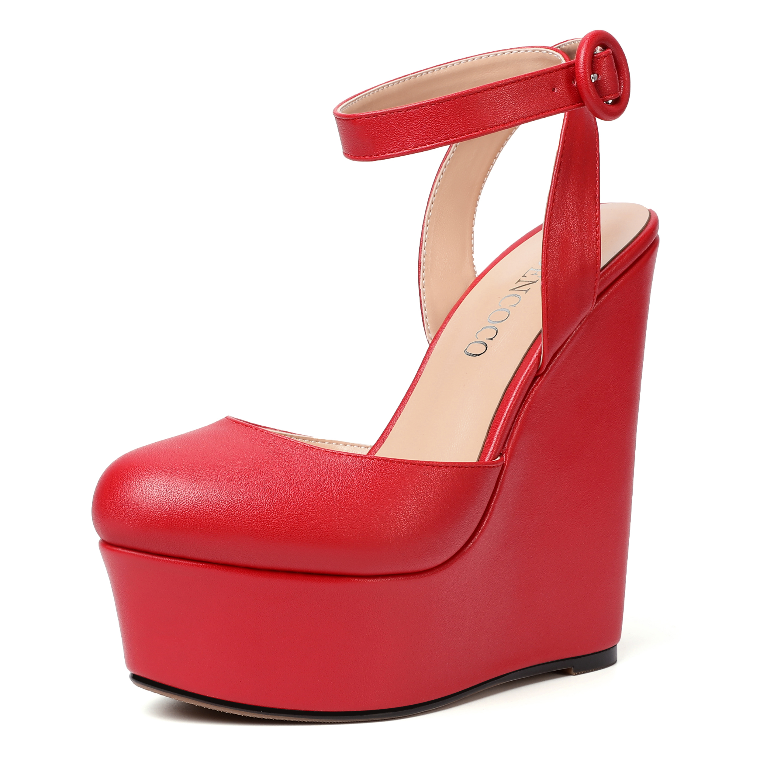 YODEKS Women's Wedge Heel Pumps,Platform High Heel Wedge Pump Shoes,Ankle  Strap Round Toe Red Dress Heels