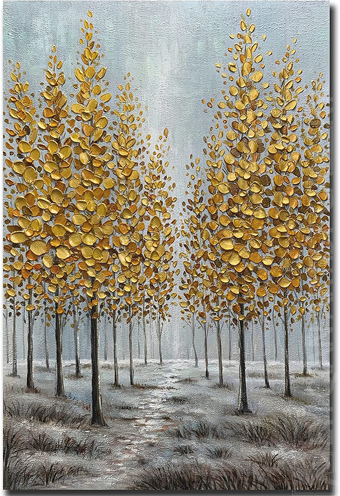 Hand-Painted Golden Forest Art Textured Painting Stretched Ready to Hang