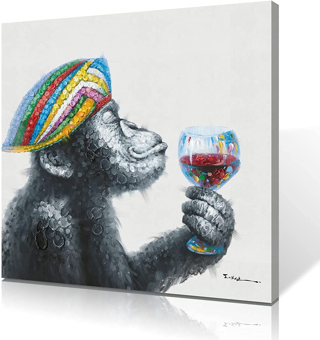 Hand-Painted Monkey Decor Wearing Colorful Funky Hat Textured Painting Stretched Ready to Hang