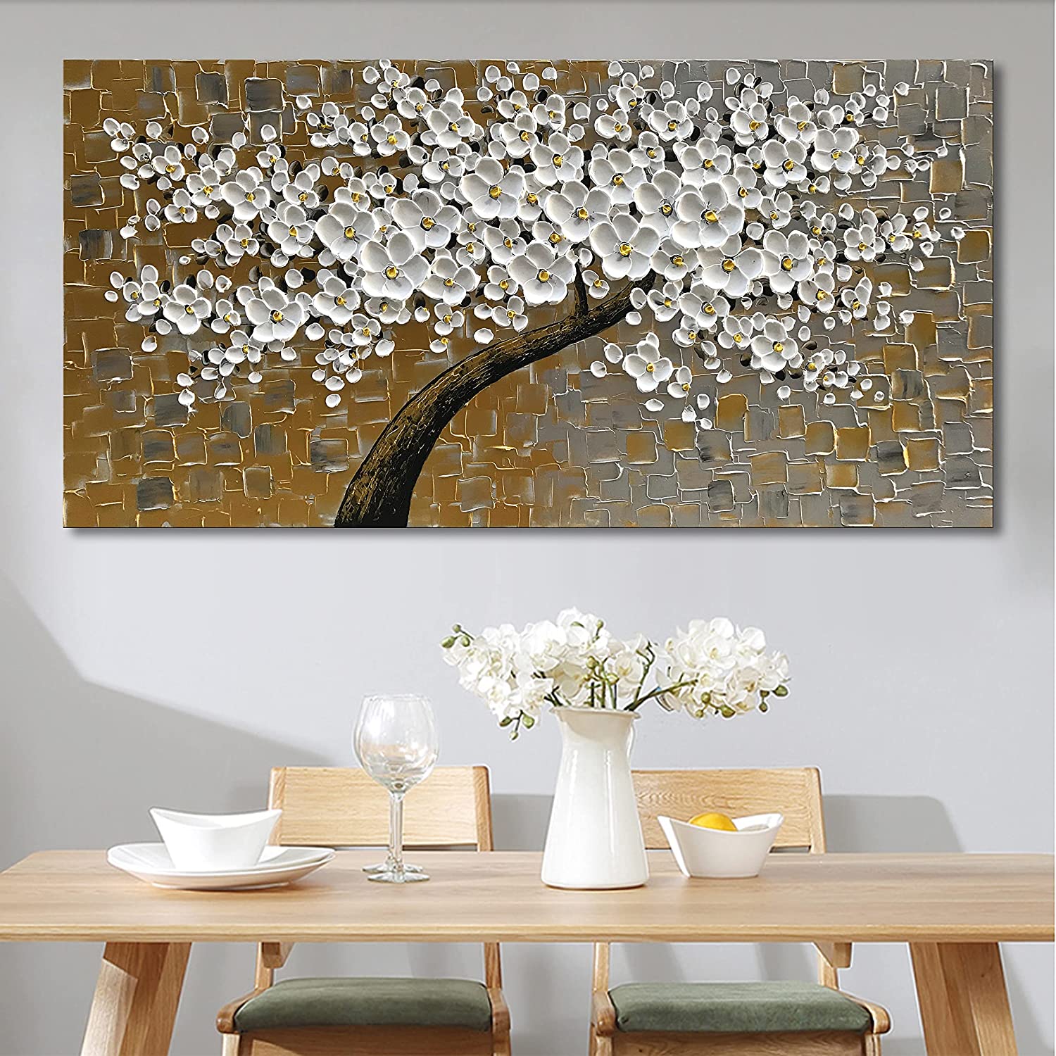 Hand-Painted 3D Flower Tree Art Textured Painting Stretched Ready to Hang