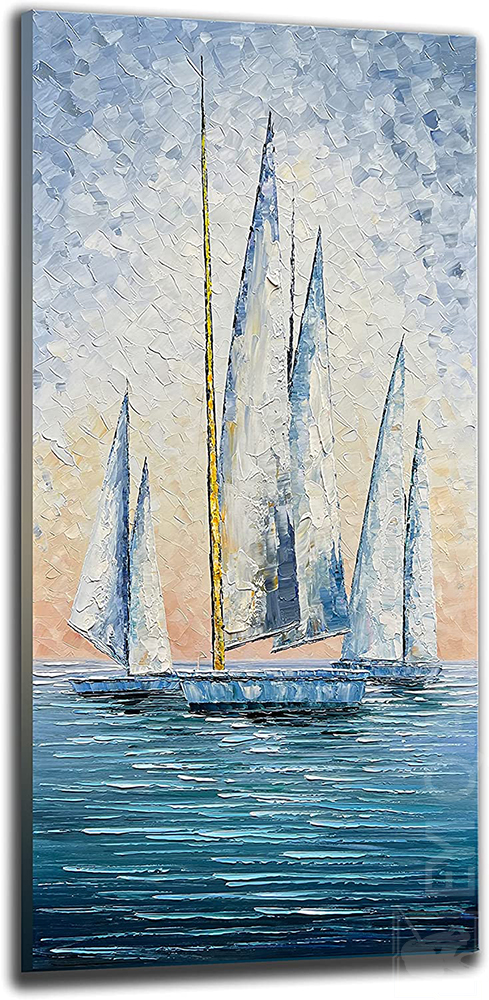 Sea Sailboat Painting on Canvas Palette Knife Texture Painting