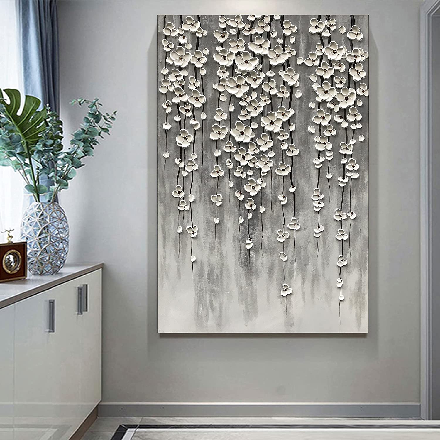 Hand-Painted 3D Golden Silver Flower Art Textured Painting Stretched Ready to Hang