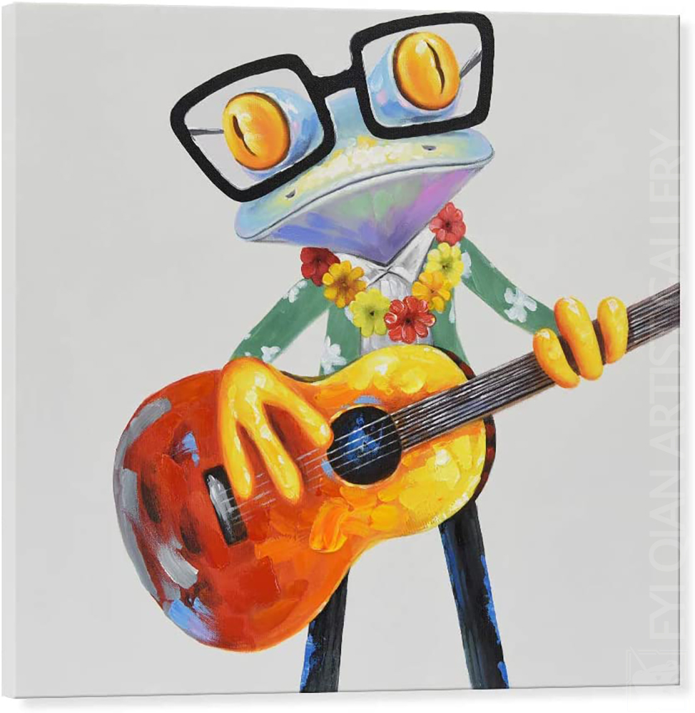 Musical Happy Cute Frog Wall Art Colorful Funny Animal Wrapped Large Artwork Ready to Hang
