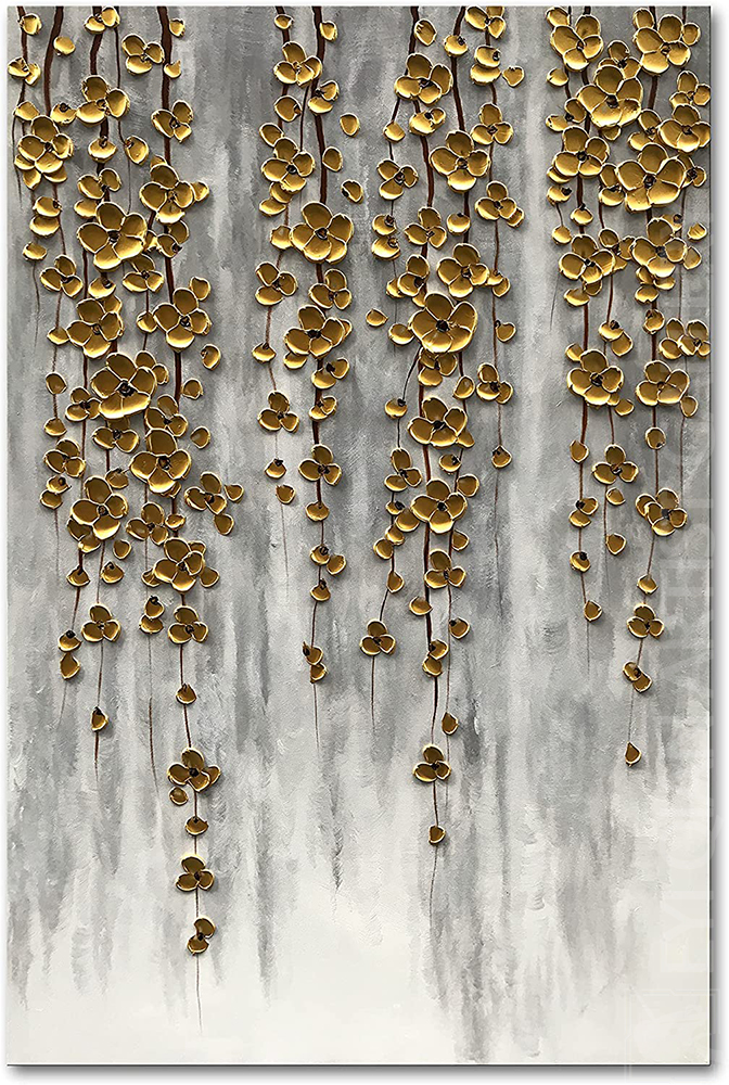 Hand-Painted 3D Golden Silver Flower Art Textured Painting Stretched Ready to Hang