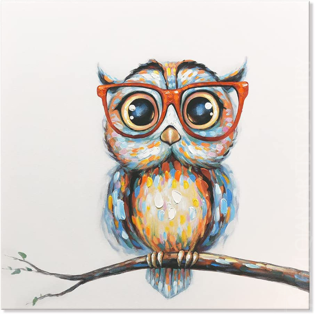 " Animals with Glasses " Hand-Painted Owl Panada Puppy Textured Wall Art