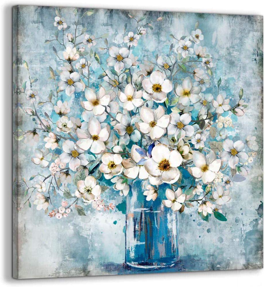 Hand-Painted Flower in Blue Vase Textured Wall Art