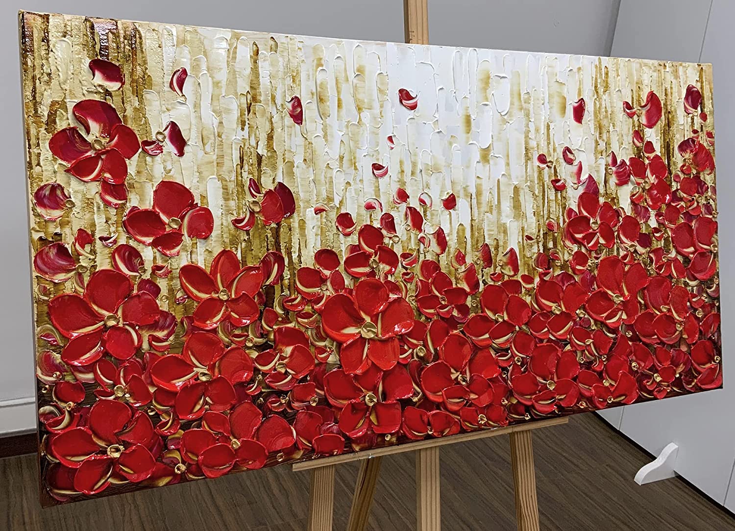 Texture Palette Knife Red Flowers Home Wall Art Colorful 3D Flowers Wall Decoration Painting