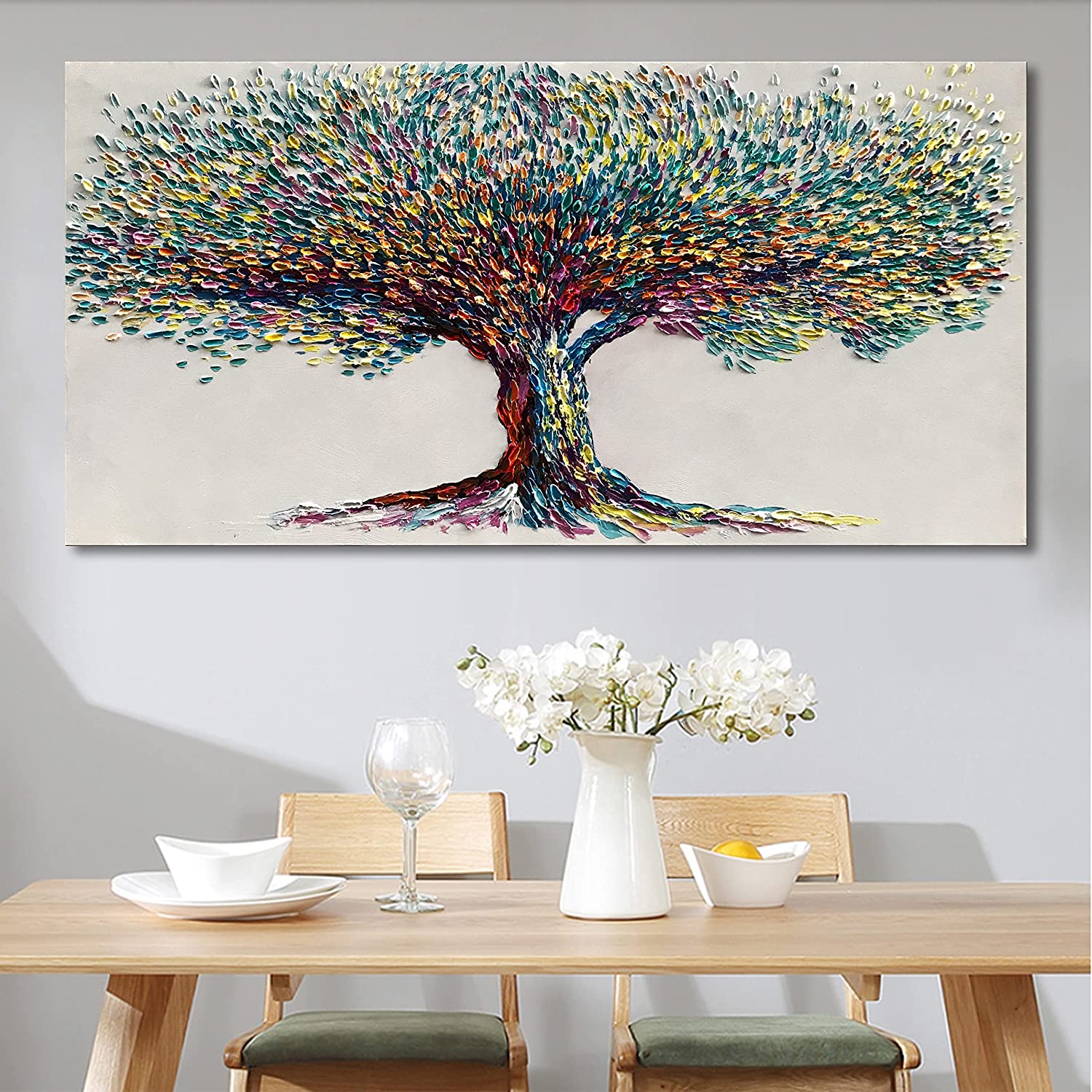Hand-Painted 3D Colorful Golden Tree Art Textured Painting Stretched Ready to Hang