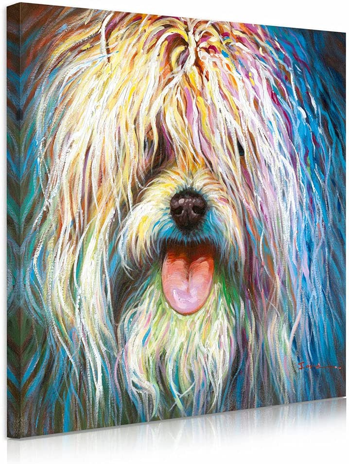 Lazy Dog Canvas Painting: Colorful Cute Dog with Messy Hair Havanese for Children's Room Decoration