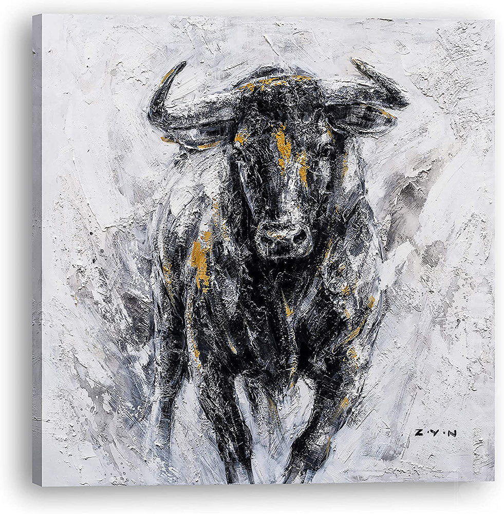 " Fearless Bull" Hand-Painted Textured Wall Art Wrapped Canvas Ready to Hang