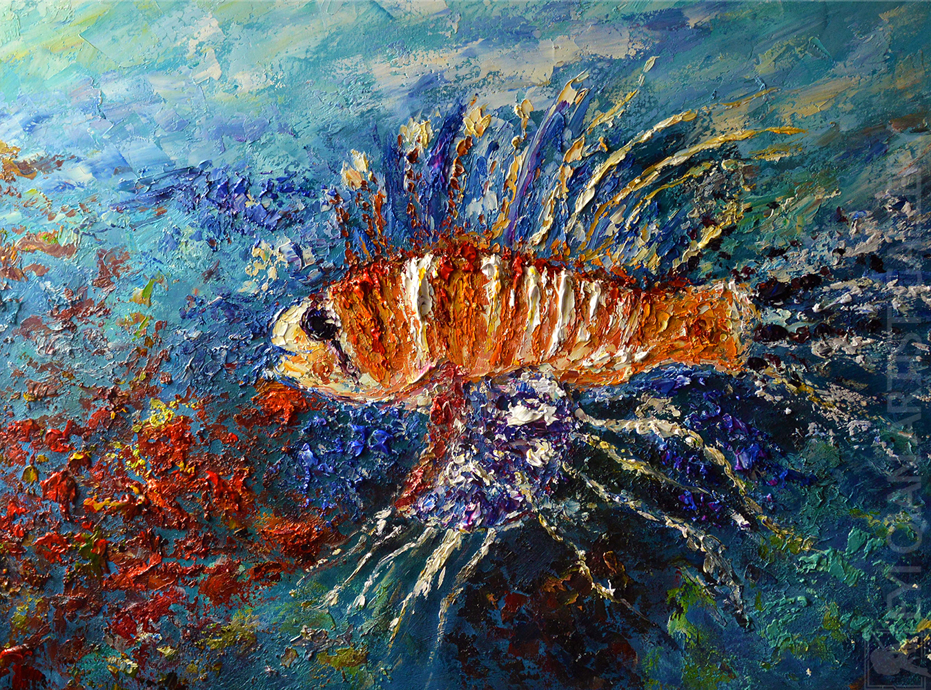 Fish Lobster Sea-life Hand-Painted Textured Wall Art Wrapped Canvas Stretched Well Ready to Hang