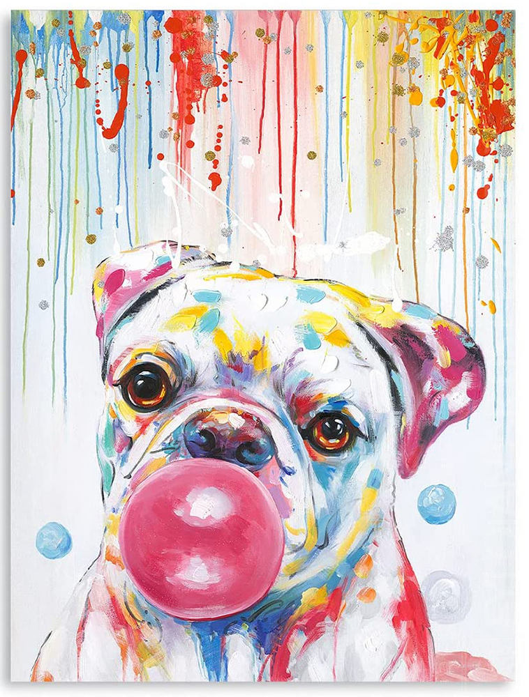 Puppy Blews Bubbles Colorful Pet Painting Wall Art Textured Palette