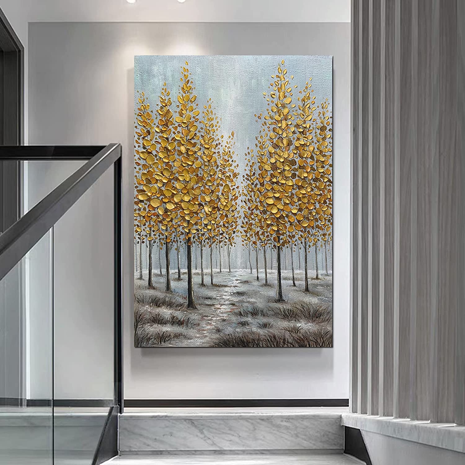 Hand-Painted Golden Forest Art Textured Painting Stretched Ready to Hang