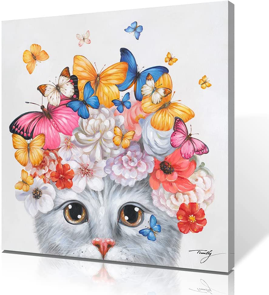 Happy Cute Cat Play Ball Wall Art Colorful Funny Animal Wrapped Large Artwork Ready to Hang