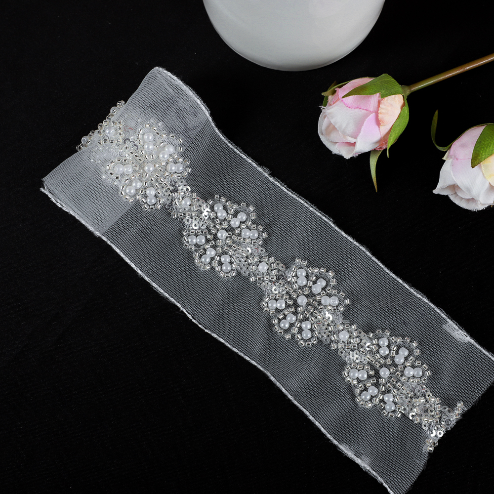 Yanzi white sequin beaded trim mesh tulle with pearls (6.5cm）