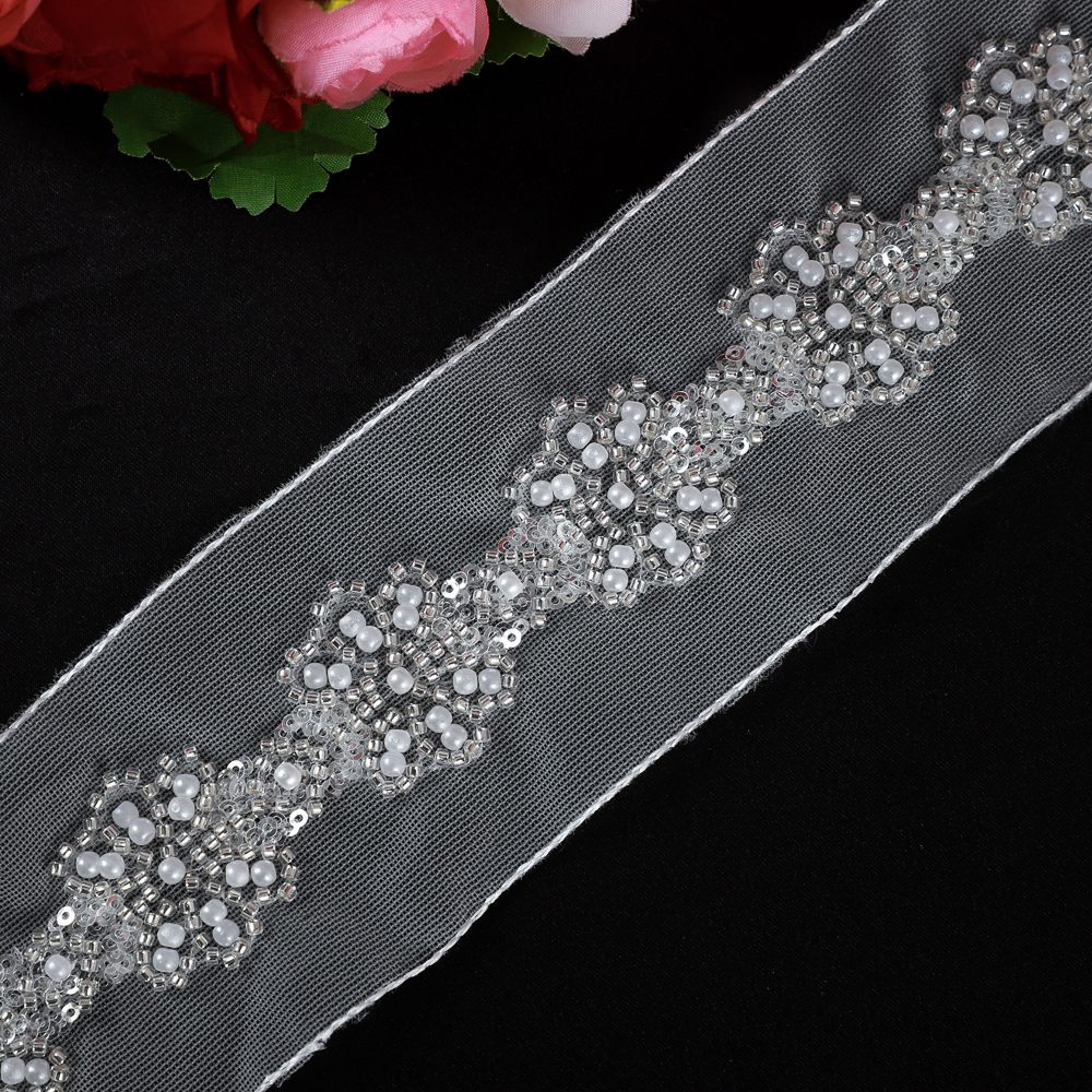 Yanzi white sequin beaded trim mesh tulle with pearls (6.5cm）
