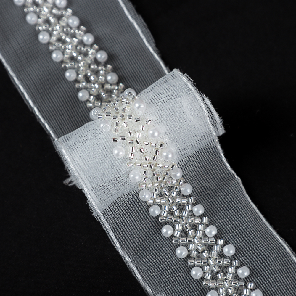 Yanzi silver bead trim tulle mesh lace with pearls (4.5cm）