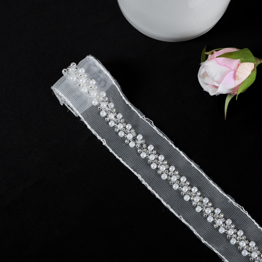 Yanzi white pearl lace mesh trim with silver beads (3cm）