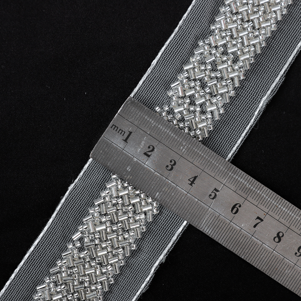 Yanzi silver bead trimmed tulle mesh lace (4.5cm）