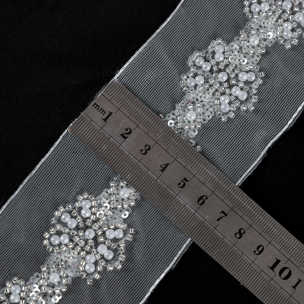 Yanzi white sequin beaded trim mesh tulle with pearls (6.5cm）