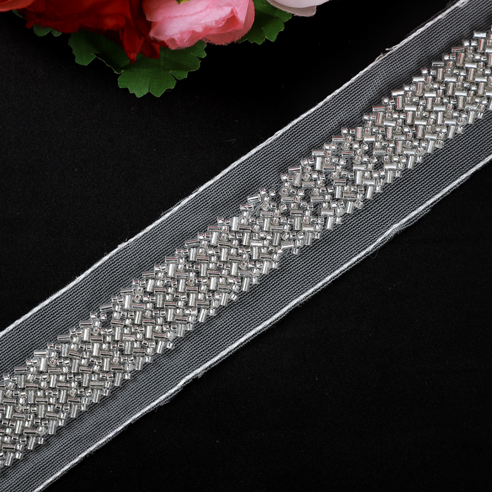 Yanzi silver bead trimmed tulle mesh lace (4.5cm）