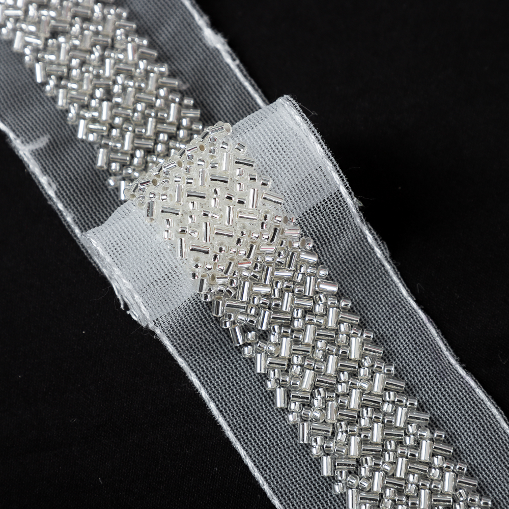 Yanzi silver bead trimmed tulle mesh lace (4.5cm）