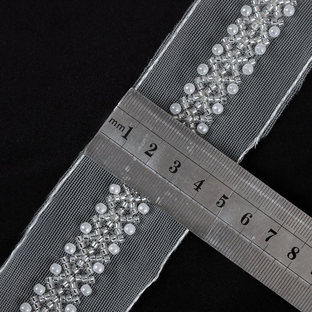 Yanzi silver bead trim tulle mesh lace with pearls (4.5cm）