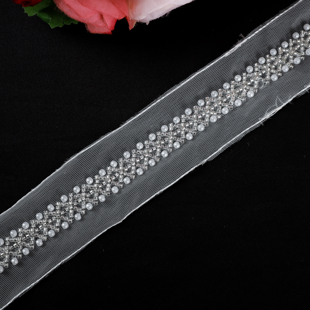 Yanzi silver bead trim tulle mesh lace with pearls (4.5cm）