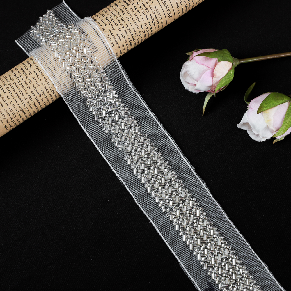Yanzi silver bead trimmed tulle mesh lace (4.5cm）
