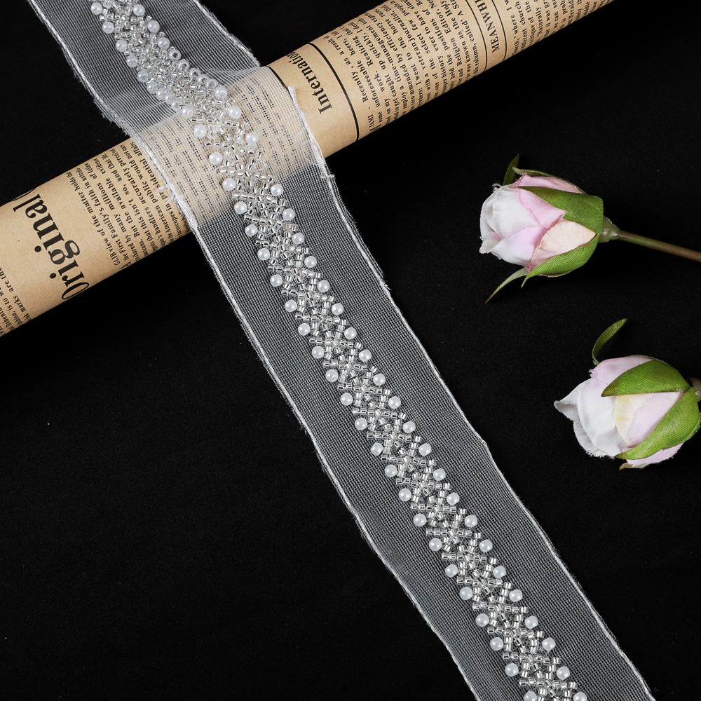 Yanzi silver bead trim tulle mesh lace with pearls (4.5cm）