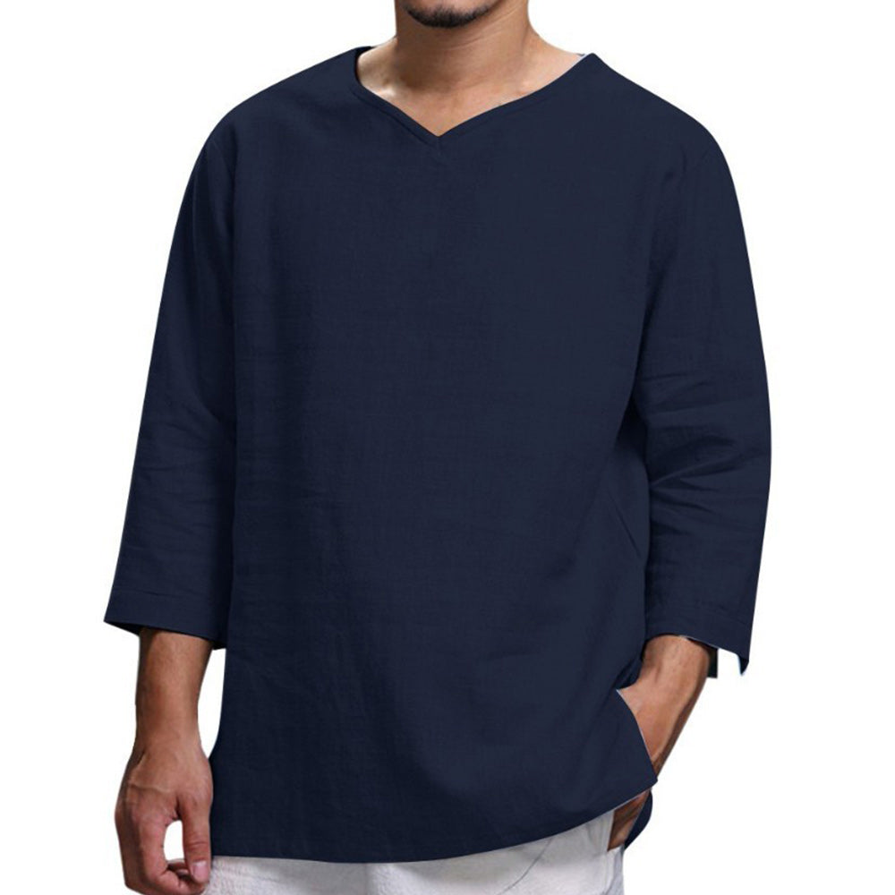 Saphirvogel™ Loses Langarm-Top aus Baumwolle und Leinen mit V-Ausschnitt für Herren