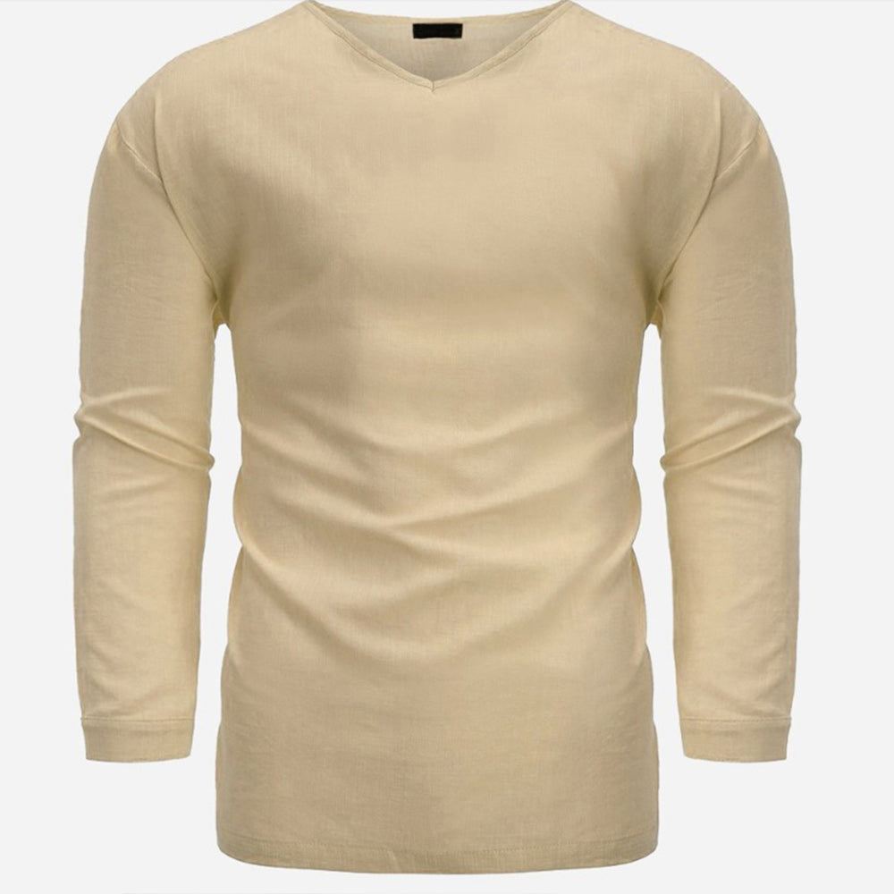 Saphirvogel™ Loses Langarm-Top aus Baumwolle und Leinen mit V-Ausschnitt für Herren