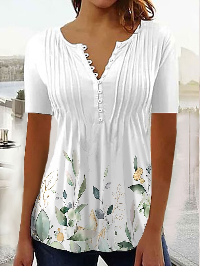 Women's Shirt Blouse Black White Green Floral Button Print Short Sleev