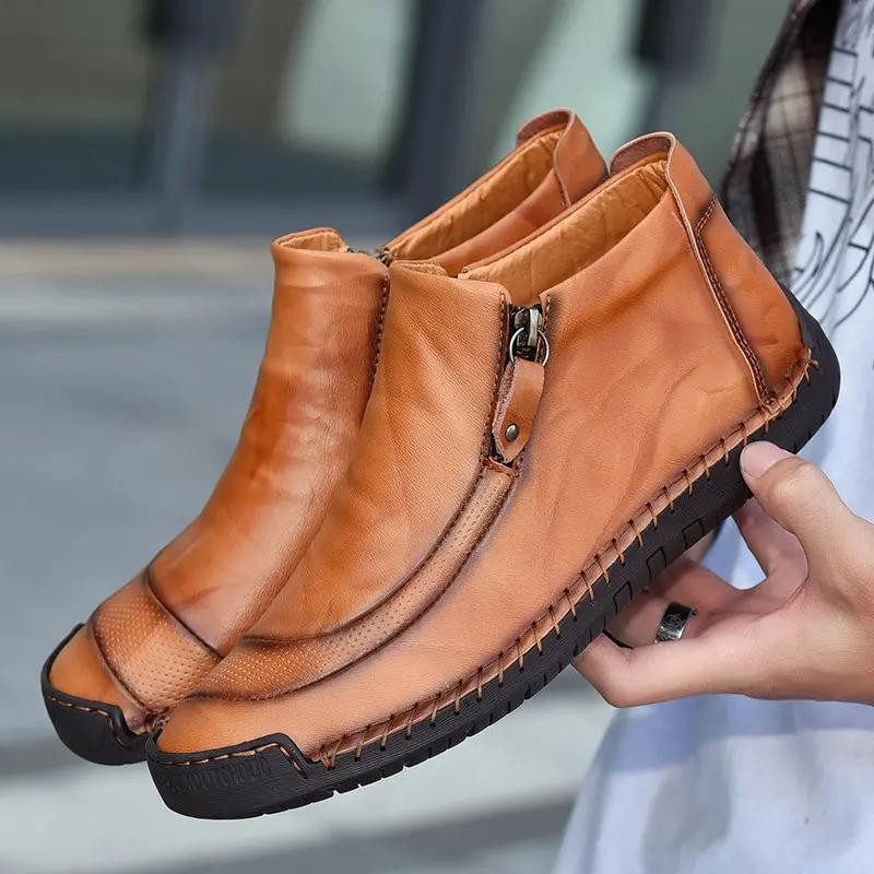 Men Leather Hand Stitching Side Zipper Comfy Soft Ankle Boots-burnzay