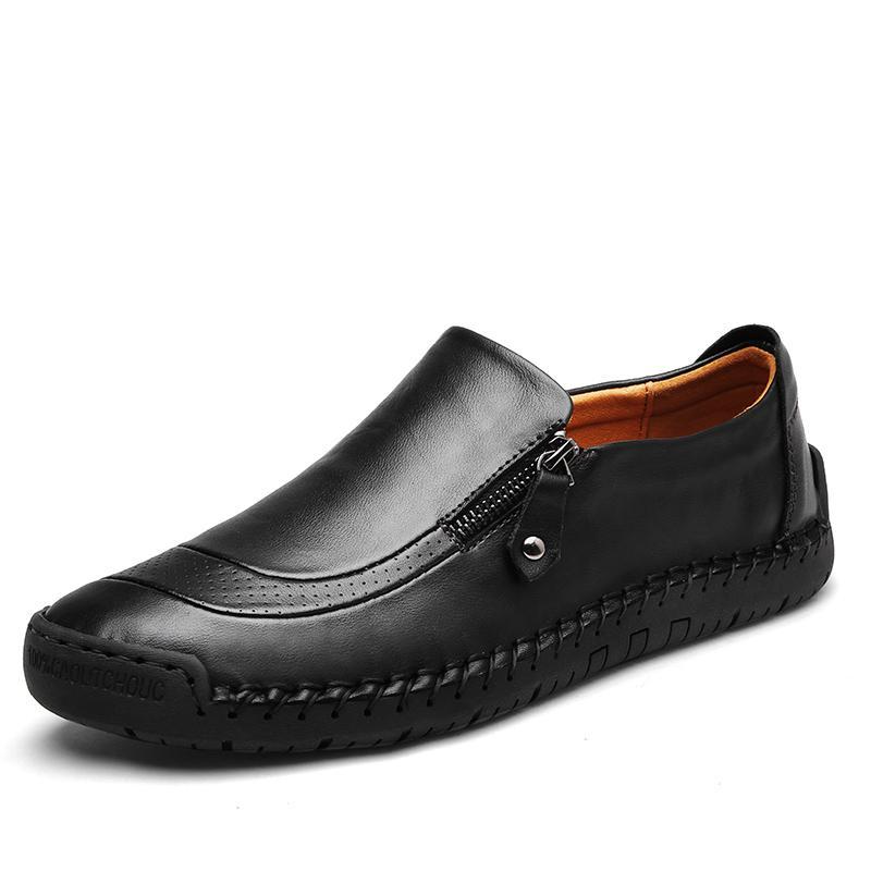 Men Hand Stitching Zipper Slip-ons Leather Loafers