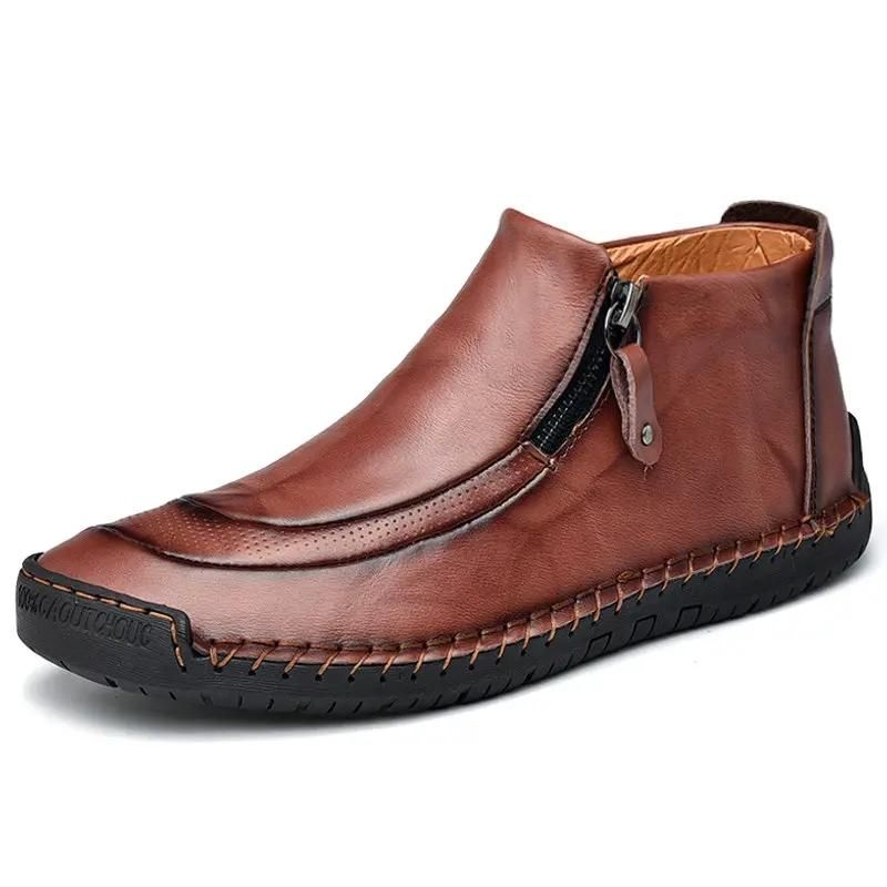 Men Leather Hand Stitching Side Zipper Comfy Soft Ankle Boots
