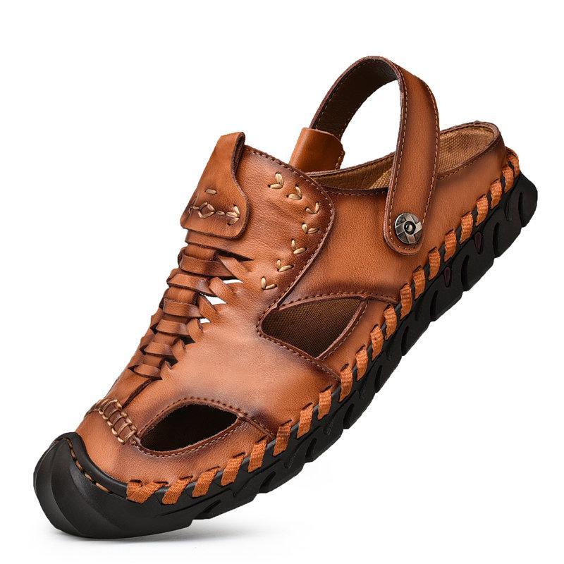 Men's Outdoor Hand Stitching Closed Toe Soft Non Slip Casual Leather Sandals