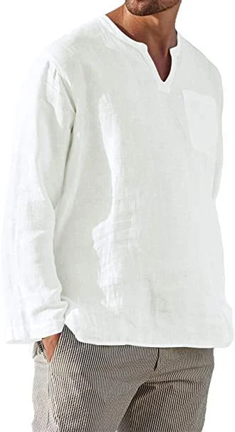 Men's Casual Long Sleeve V-neck Loose Linen Shirt