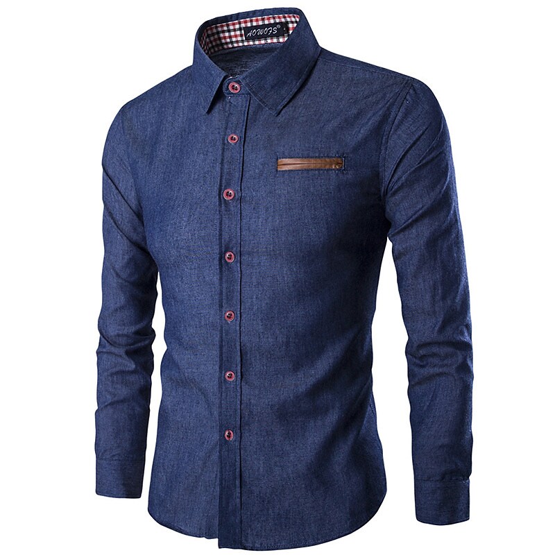 Men's Shirt Solid Color Turndown Casual Daily Denim Long Sleeve Tops Casual Sports Blue