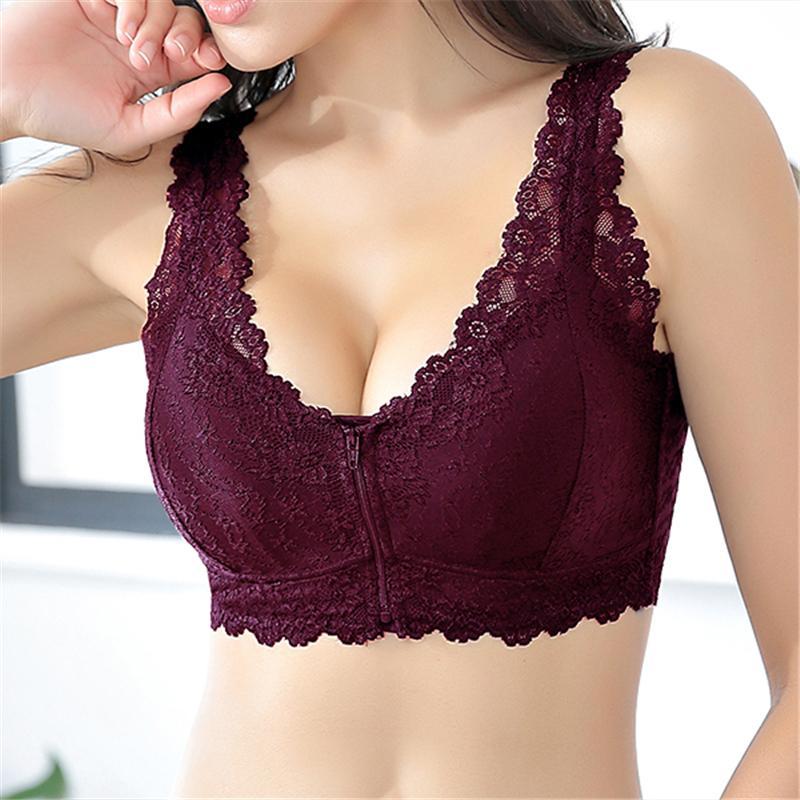 Plus Size Front Zipper Push Up Wireless Lace Bra