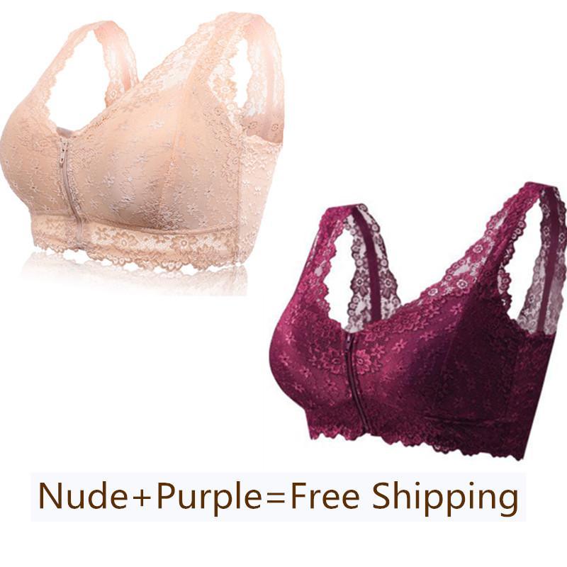 Plus Size Front Zipper Push Up Wireless Lace Bra