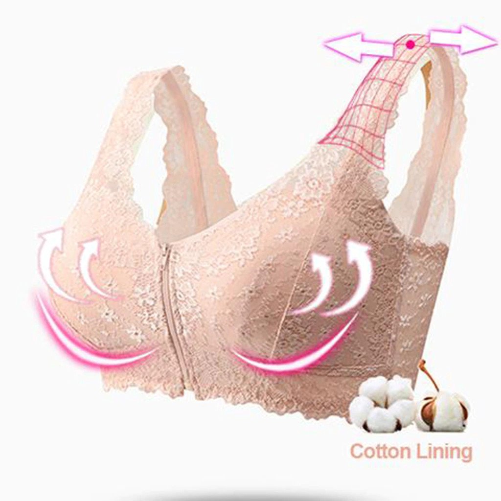 Plus Size Front Zipper Push Up Wireless Lace Bra