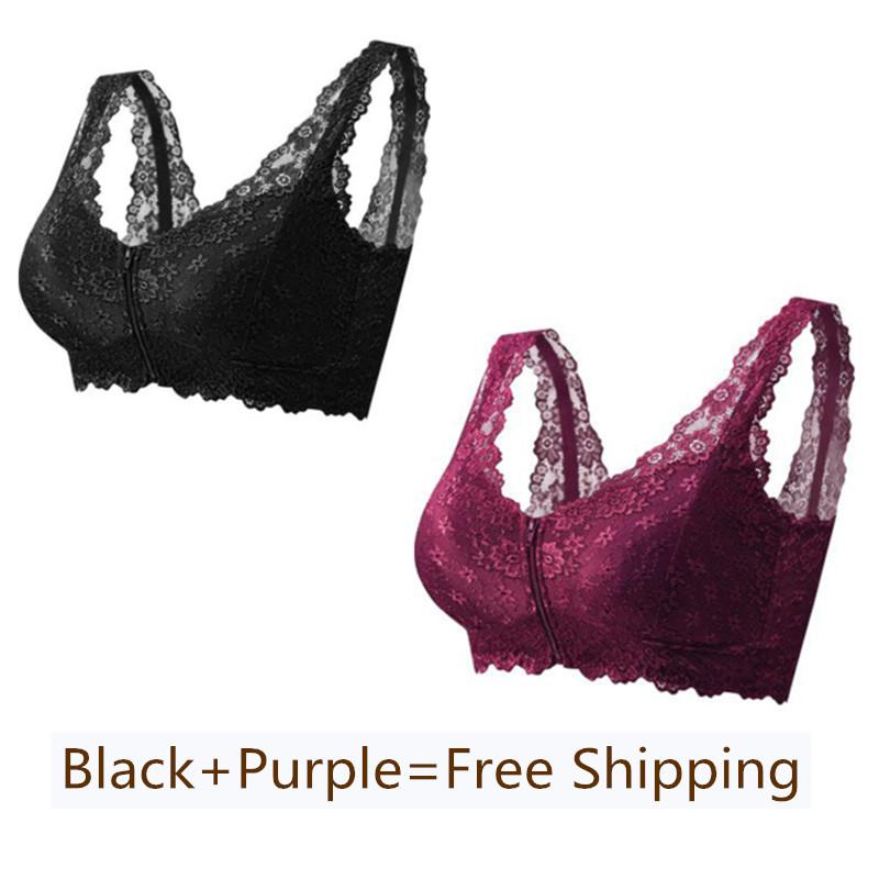 Plus Size Front Zipper Push Up Wireless Lace Bra