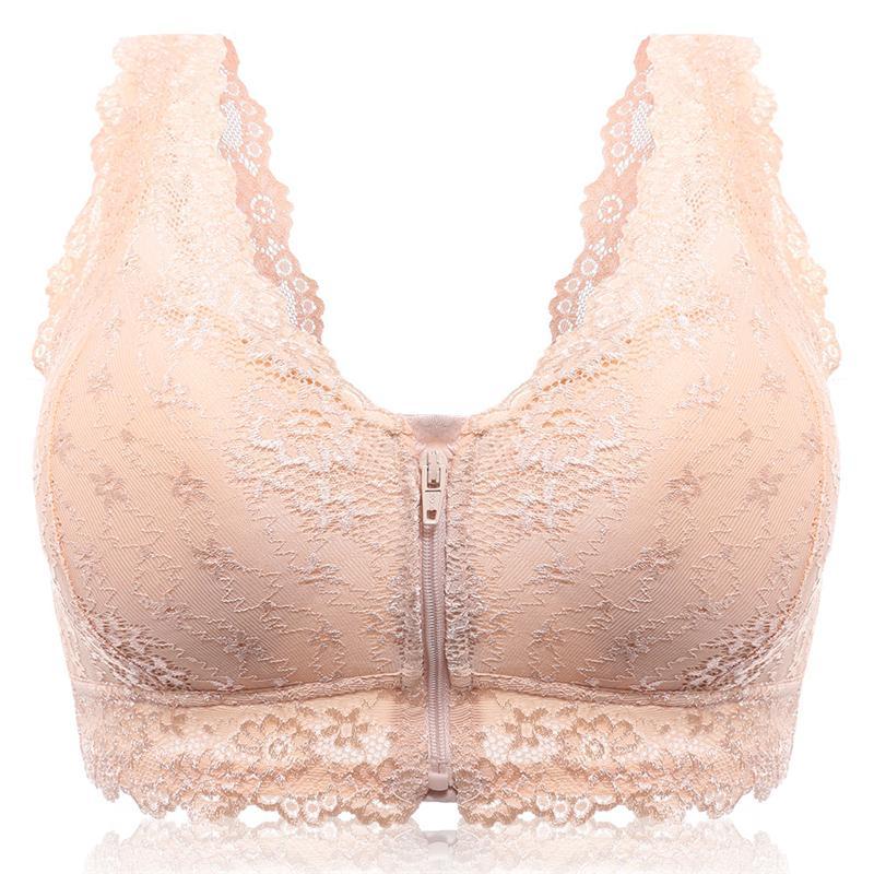 Plus Size Front Zipper Push Up Wireless Lace Bra