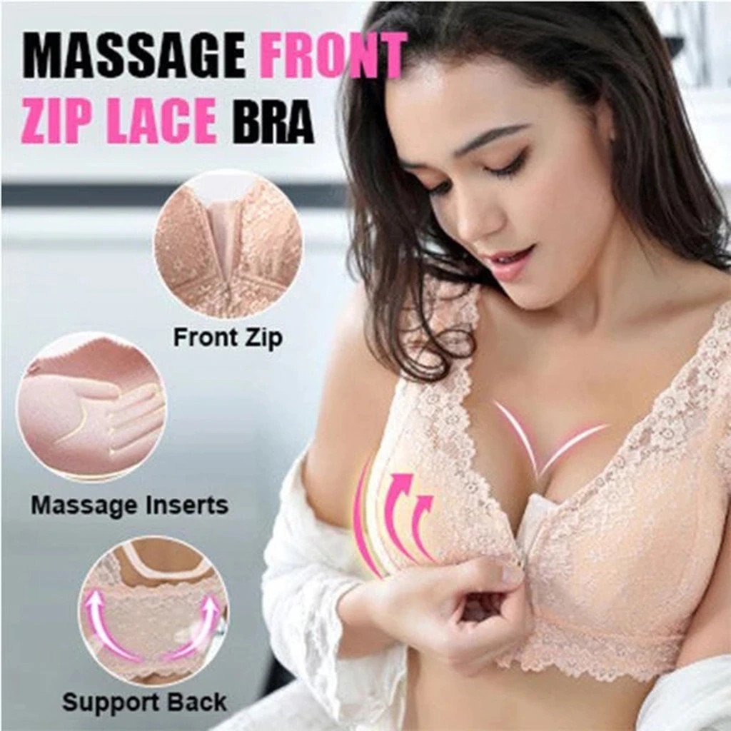 Plus Size Front Zipper Push Up Wireless Lace Bra