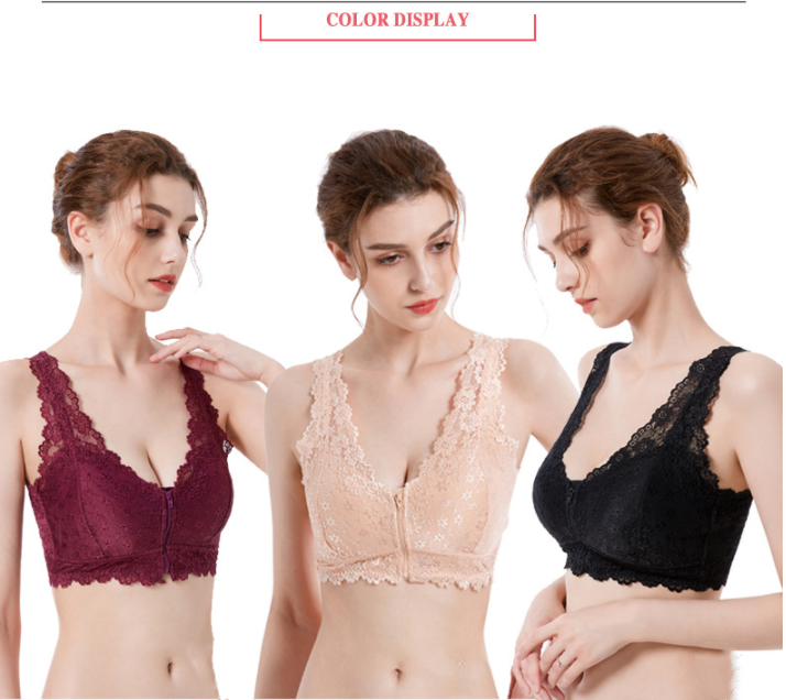 Plus Size Front Zipper Push Up Wireless Lace Bra